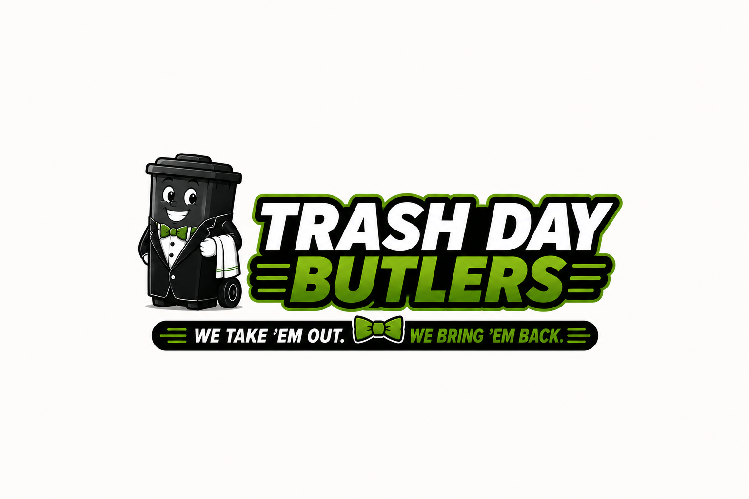 Trash Day Butlers mascot — a trash can in a tuxedo